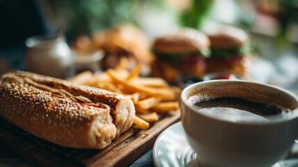 A balanced feast a medley of burgers, fries, hotdog and coffee enjoyment
