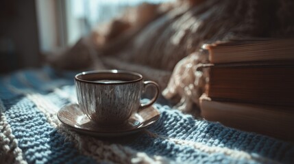 A cup of black coffee with books on a knit blanket, Cozy vibe indoors