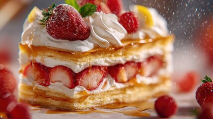 Delectable Strawberry Mille-Feuille Pastry with Creamy Layers and Syrup Drizzle