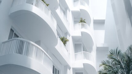 Minimalist white apartment building with curved balconies and tropical plants