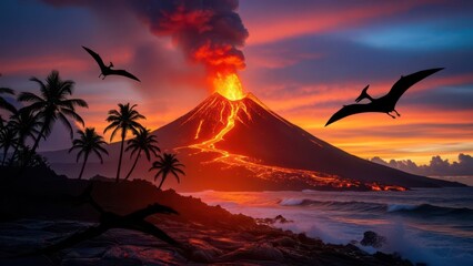 Active volcanic eruption with flowing lava, smoke and ash clouds erupting from the crater at sunset, tropical island landscape with palm trees, and flying birds in the sky