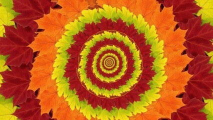Colorful spiral pattern created with autumn leaves arranged in concentric circles on a dark background, showcasing vibrant red orange yellow and green hues in a mesmerizing design