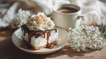 Rich Creamy Cake Indulgence with Hot Chocolate and White Flowers Still Life