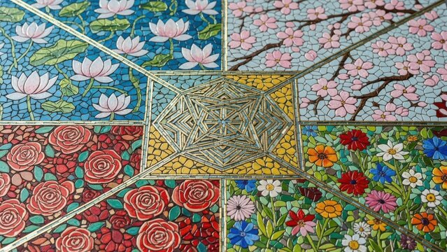 Collection of colorful traditional asian decorative tiles with intricate floral patterns and vibrant colors, creating a visually striking mosaic design for interior or exterior decoration