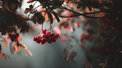 Crimson Rowan Berries in Ethereal Autumn Light a Tranquil Natural Scene