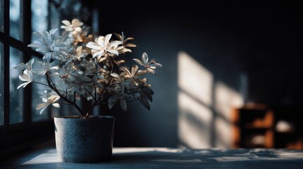 A serene indoor scene with a flowering plant, light, and shadow play