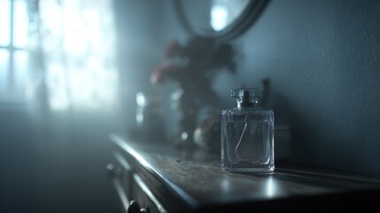 Captivating still life of perfume bottle on an antique dresser in twilight