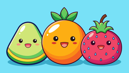 Adorable Kawaii Fruit Characters Sticker Set, Cheerful Strawberry, Orange, and Lime Cartoon Trio, Cute Fruit Stickers with Happy Smiling Faces