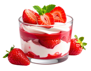 Delicious layered strawberry parfait with fresh mint garnish, close-up view.