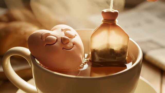 Heart Shaped Tea Infuser Dipping Into Steaming Cup of Water