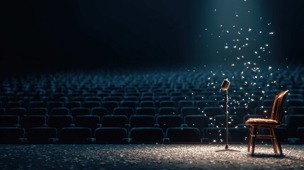 An empty amphitheater with a single, glowing microphone on stage, the seats are filled with floating, abstract icons representing a global digital audience