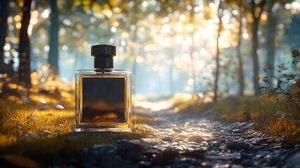 Glass perfume bottle on forest path with golden light