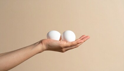片手で白い卵を2個持つ女性の手の写真