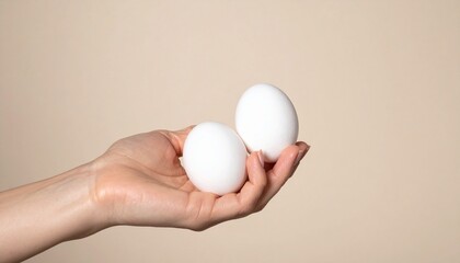 片手で白い卵を2個持つ女性の手の写真