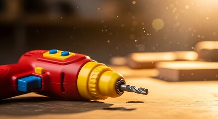 Vibrant toy drill on textured wood surface in playful ambiance