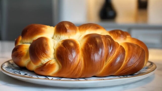 Artisanal challah bread displayed on a plate, showcasing intricate braiding and a glossy golden