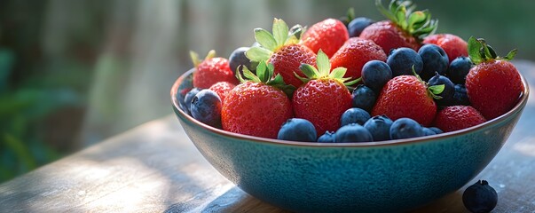 Fresh Strawberries and Blueberries in a Teal Bowl on a Wooden Table Outdoors