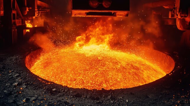 A vat of molten, glowing orange metal in a steel mill, with sparks flying from the surface. A powerful image of primary industry and raw production. Intense heat, moody, and dramatic.  - Powered by Adobe