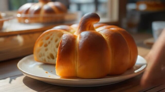 Autumn Baking: Showcase of pumpkin-shaped bread loaf on wooden surface, showcasing seasonal food