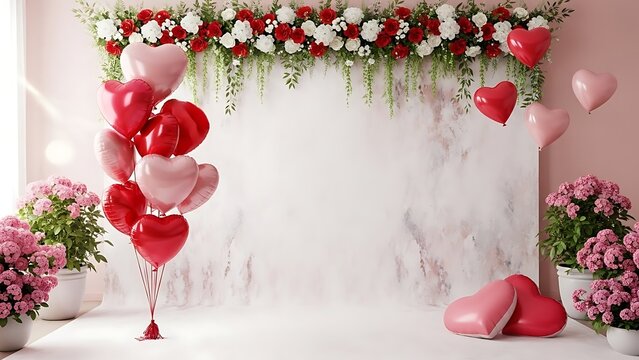 Romantic valentine's day decoration with heart balloons and flowers - Powered by Adobe