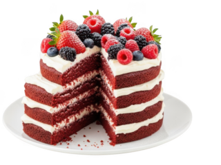 Red velvet cake with berries isolated on transparent background