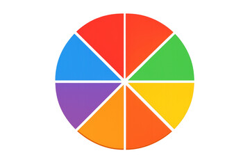 Colorful pie chart presenting segmented data, information, statistics, and options with eight vibrant rainbow sections for analysis