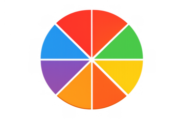 Colorful pie chart presenting segmented data, information, statistics, and options with eight vibrant rainbow sections for analysis