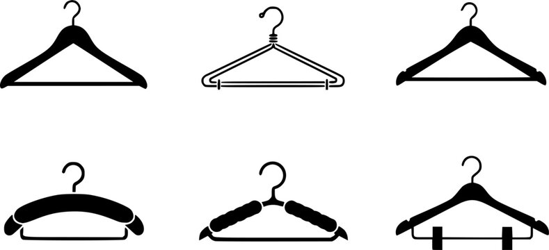 Set of clothes hanger vector icons. Hanger for cloakroom or closet. Hang for coat, shirt or suit. Vector 10 EPS.
