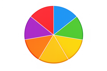 Colorful segmented pie chart illustrating data distribution, market share, and business analytics with a transparent background