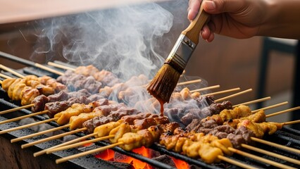 A delicious close-up of traditional Indonesian satay (sate) being grilled over hot charcoal and served on a plate with thick peanut sauce, rice cakes (lontong), cucumber, and shallots. Perfect for foo