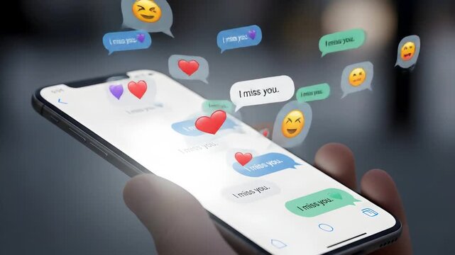 Smartphone screen displays text messages with emojis flying out.