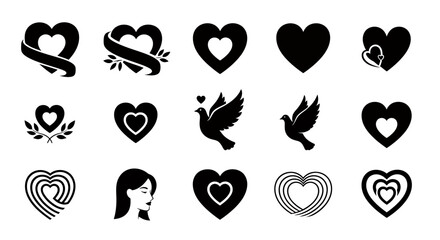 A collection of vector hearts in various styles, including ribbon designs, doves, and layered elements, perfect for romantic themes and Valentine's Day celebrations, all in a clean, black and white