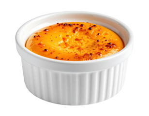 Creamy Cr��me br��l��e in a white ramekin with caramelized su