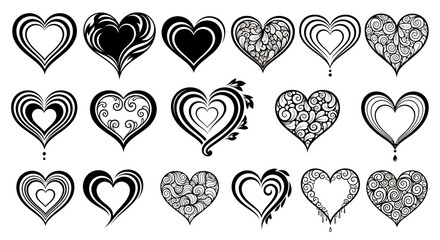 A collection of intricate vector hearts in various styles, perfect for design elements, Valentine's Day projects, and adding a touch of love to any creative endeavor, all in black and white.