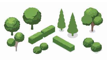 Isometric Park Plants Vector Set Green Trees and Bushes Isolated on White © MdNipon