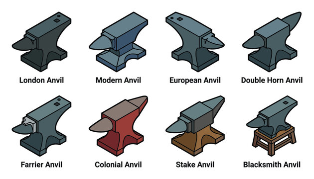 Different types of anvils. Vector illustration of London, Modern, European, Farrier, Colonial, Stake Anvil