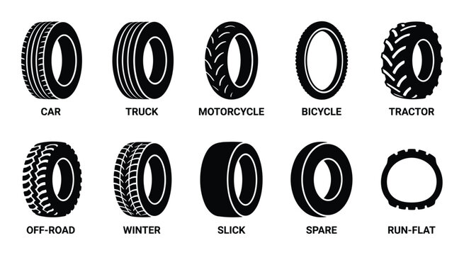 Different types of vehicle tires including car, truck, motorcycle, bicycle, tractor and more.