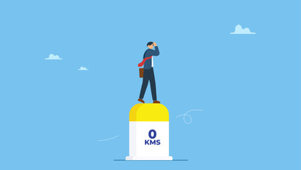 Confidence businessman standing with visionary to the future on starting road milestones. Business milestones road map, start new business, vision or career path and future responsibility.