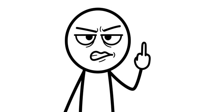 A simple black and white vector illustration of a stick figure expressing anger and frustration with an offensive gesture on a plain background.