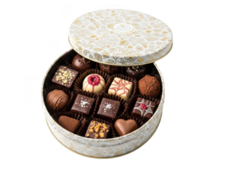 Chocolate box with assorted sweets isolated on transparent background