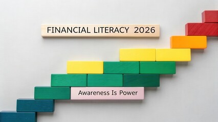 Financial Literacy 2026 Concept with Colorful Building Blocks and Awareness Message for Educational and Motivational Themes