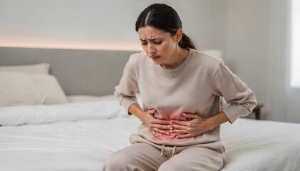 Woman Experiencing Stomach Pain in Bed