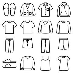 Naklejka premium Stylish Wardrobe: An array of clothing items, including tops and bottoms, present a curated collection for every style. These drawings will work perfectly to complement any project related to fashion.