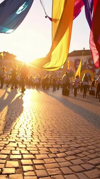 Festival parade participants walking along a historical cobblestone street under colorful fabric decorations during golden hour, long shadows stretching from the sun