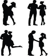 Silhouettes of couples in romantic poses on white background