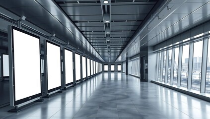 Modern empty corridor with blank advertising screens and large windows