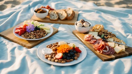 Beach Picnic Spread with Charcuterie and Fruit Platters