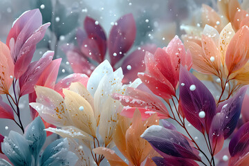 Bordure harmonieuse avec des fleurs, des feuilles et des plantes multicolores enneigées et glacées abstraites, des flocons de neige. fond blanc, illustration de prairie d'hiver. IA générative, IA