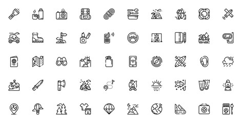 Adventure icon set. Vector illustration. Includes symbols for hiking, camping, map, compass, backpack, tent, kayak, mountain, travel and more.