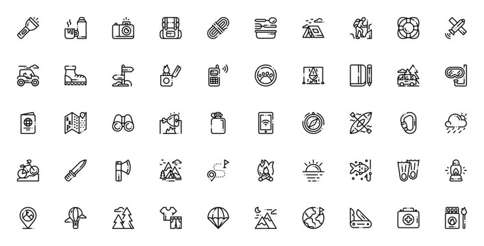 Adventure icon set. Vector illustration. Includes symbols for hiking, camping, map, compass, backpack, tent, kayak, mountain, travel and more.